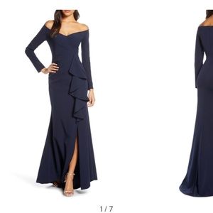 Off the shoulder long sleeve evening gown